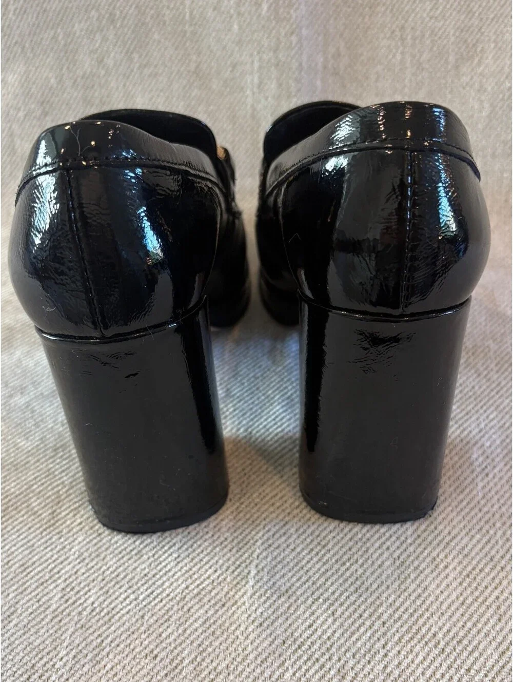 Sole Bliss Genevieve Black Patent Leather Heeled Horsebit Loafers Size 37 US 6